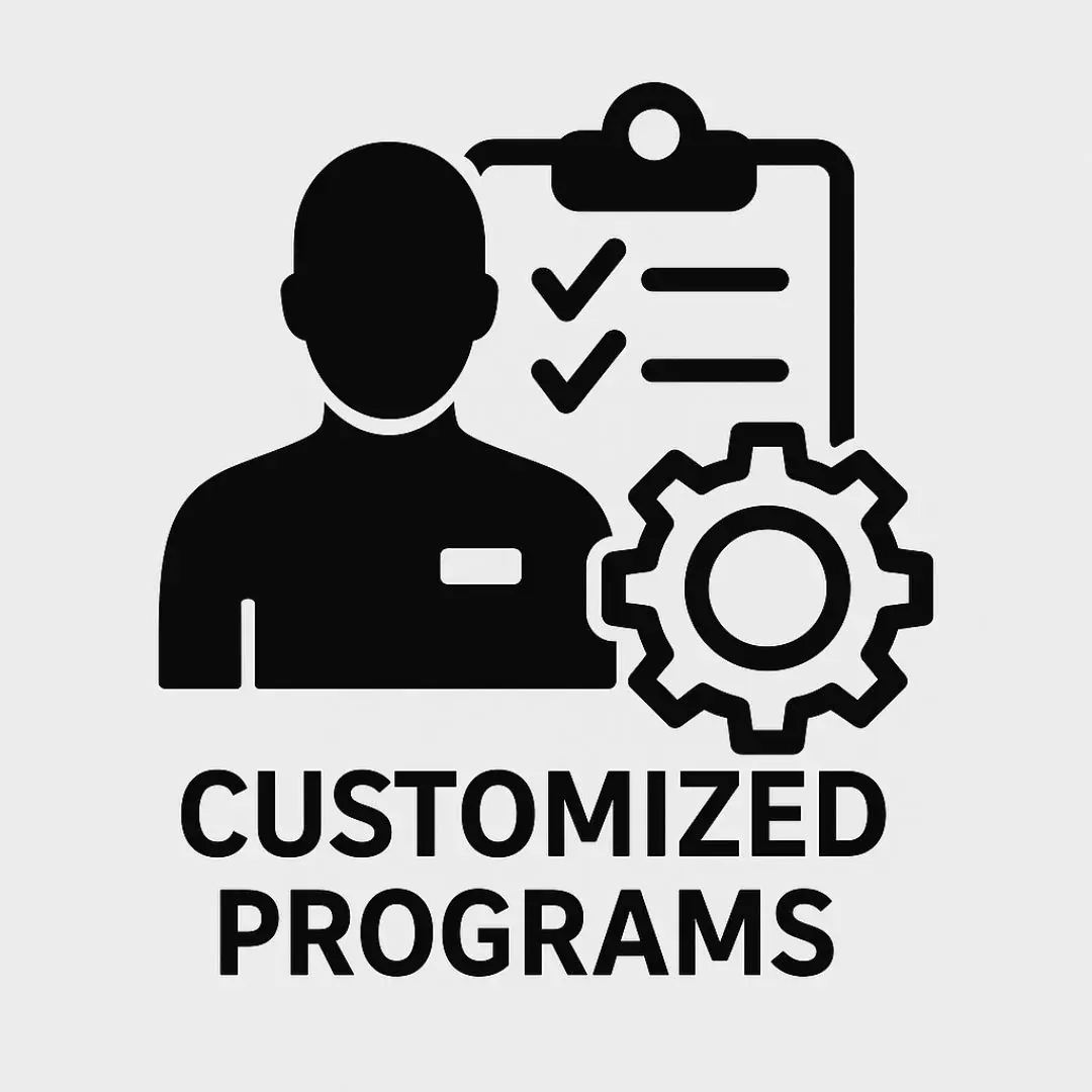 . Icon representing customized programs, featuring a gear and a pencil symbolizing tailored solutions.