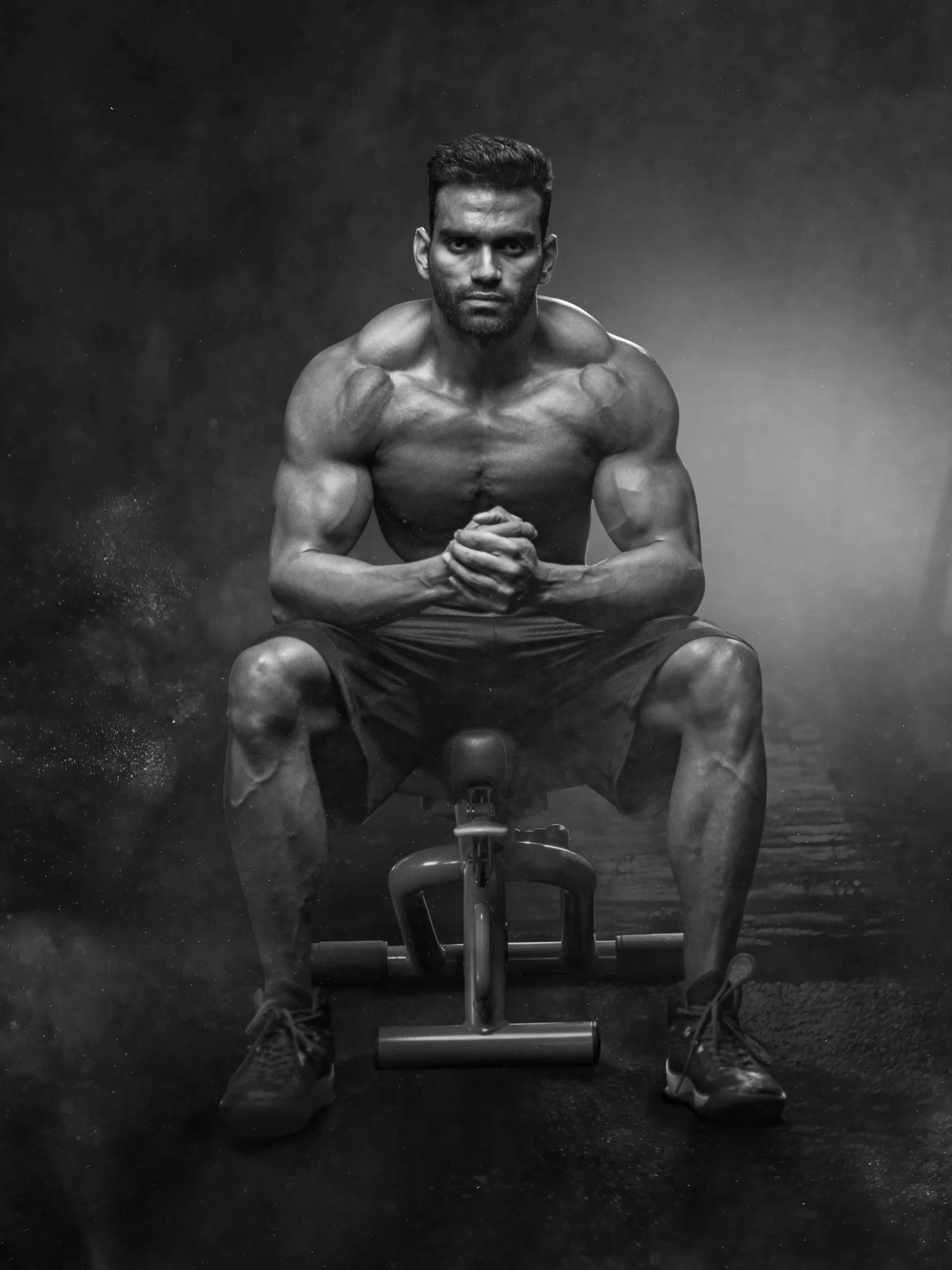 A man with crossed arms sits on a bench, symbolizing his powerful journey of personal growth and transformation.